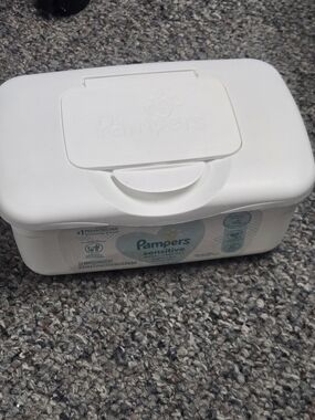 Pampers Vintage Diaper Plastic Pop Up Wipe Container Whote Aqua Collectable